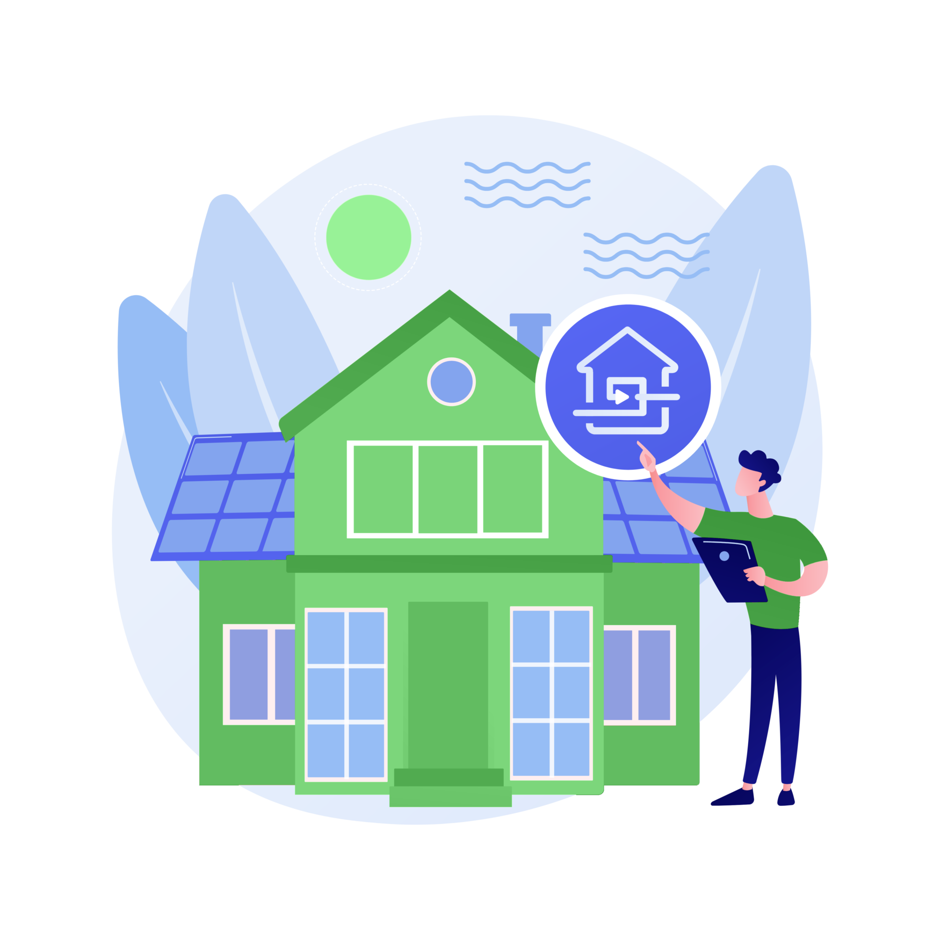 Solar panels and heat source pumps illustration house using green energy